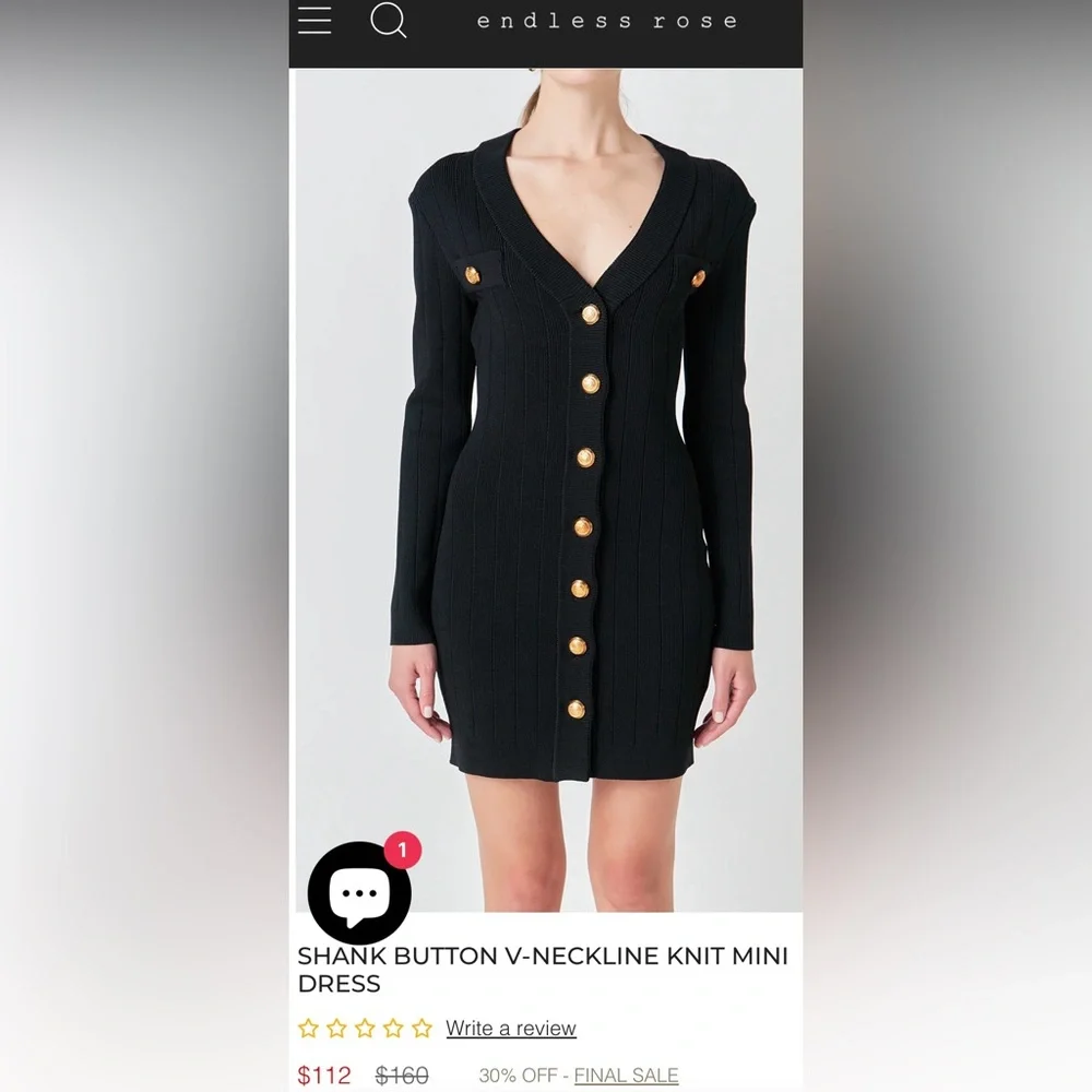 Endless Rose SHANK BUTTON V-NECKLINE KNIT MINI DRESS - Picture 2 of 7